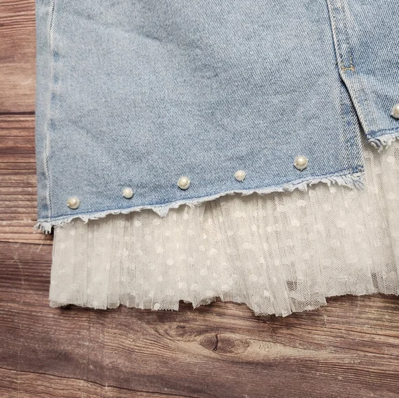 Ochirly Asymetrical Denim Lace Pearl Beaded Jean Skirt - Picture 4 of 12